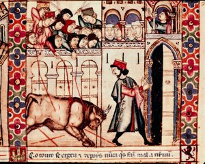 Tjurfäktning: tjuren dödar på arenan under de traditionella högtiderna i Plasenza (Plasencia) i Spanien, sång 144. Miniatyr från Sankta Marias hymn av Unknown artist