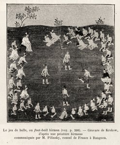 Burmesisk fotboll eller bollspel. Gravyr av Krakow för att illustrera berättelsen "Femton dagar i Burma", av E.Cavaglion, 1886, i Le tour du Monde 1892, regisserad av Edouard Charton (1807-1891), Hachette, Paris. av Unknown artist