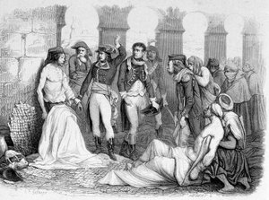 Campaign (Expedition) of Egypt (1798-1801): General Bonaparte besöker pestifersjukhuset i Jaffa, Egypten. Gravyr 1800-talet. av Unknown artist