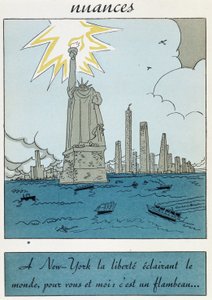 Tecknad film av Frihetsgudinnan i USA: "Frihet i New York lyser upp världen, för dig och jag är det en fackla"" av Unknown artist