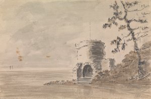 Slottsruin i landskapsscen med en sjö av Unknown artist
