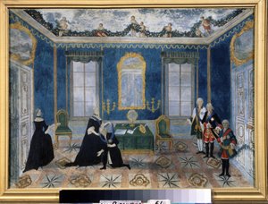 Katarina II av Ryssland (1729-1796) återkallar kansler Alexey Bestoujev Rioumine (1693-1768) till domstolen. Anonym målning från 1700-talet, olja på duk, andra mån av Unknown artist