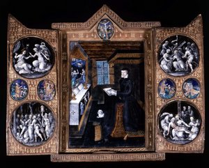 Catherine de Medici (Caterina de Medici) (1519-1589) i bön - triptyk e-post och läder av Unknown artist
