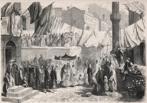 Katolsk procession på gatorna i Konstantinopel med anledning av Fete Dieu (Fete-Dieu) - Gravyr i "" Den illustrerade världen"" av Unknown artist