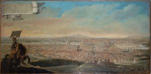 Kavaljervy över Paris, med ryttarporträtt av Chevalier des Essarts, ca 1645 (olja på duk) av Unknown artist
