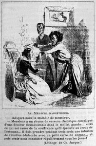 Charlatanism: satir om att konsultera hypnosmagnetiserare för att behandla sjukdomar. Från en litografi av Jacque. 1800-talet av Unknown artist