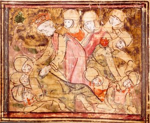 Karl den Store (742-814) hittar kroppen av sin brorson Roland som dog i slaget vid Roncesvaux Miniature från "" Grandes Chronicles de France"" 1375-1379 kommunala biblioteket, Castres av Unknown artist