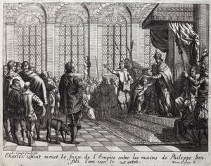 Karl V (1500-1558) överlämnade imperiets faix till Filip II (Felipe) (1527-1598), hans son, den 25 oktober av Unknown artist