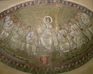 Kristus Lagstiftaren, tronande med apostlarna, San Lorenzo Maggiore, Milano (mosaik) av Unknown artist