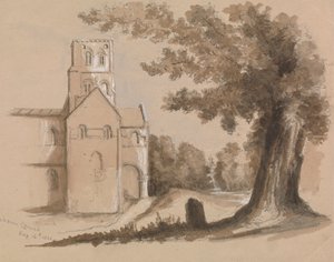 Kyrka med träd och gravsten i förgrunden av Unknown artist
