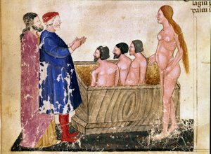 Circle of Adulators: Dante och Virgil möter Alessio Interminelli (eller Intermineii), Lord of Lucca och den prostituerade Thais. Upplyst sida som illustrerar helvetets 18:e sång från "Divina Commedia" av Dante Alighieri (1265-1321). 1300-talet, Venedig, av Unknown artist