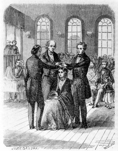 Konfirmation bland mormonerna. 1800-talsgravyr. av Unknown artist