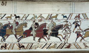 Erövring av England av hertigen av Normandie Vilhelm Erövraren (1027-1087) 1066: början av slaget vid Hastings Detalj av Bayeuxtapet eller broderi av drottning Mathilde av Unknown artist
