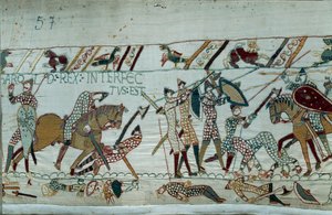 Erövring av England av hertigen av Normandie Vilhelm Erövraren (1027-1087) 1066: kung Harald II:s död med en pil i ögat i slaget vid Hastings. Detalj av tapeten av Bayeux eller broderi av drottning Mathilde av Unknown artist