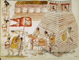 Erövring av Mexiko: förstörelse av Tenochtitlan, huvudstad i Aztekerriket, av arméerna av conquistador Hernan Cortes (Hernando Cortez) (1485-1547) den 24/06/1520”” Miniatyr från ett manuskript av Unknown artist