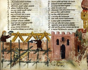 Byggscen. Miniatyr av "Roman de Troy"" av Benoit de Saint Maure. 1300-talets Biblioteca Marciana, Venedig av Unknown artist