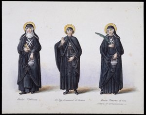 Kostymer: 1. Santa Ubaldesca, 2. St Ugo di Genova, 3. Santa Toscana di Vita. sd. 1800-talet. av Unknown artist
