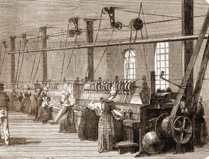 Bomullsvävverkstad. 1860 gravyr. av Unknown artist