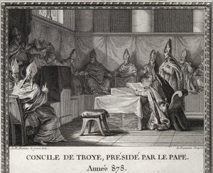 Konciliet i Troye den 7 september 878. I maj 878 kom påven Johannes VIII, hotad av saracener och italienska adelsmän, för att ta sin tillflykt till Arles under hertig Boson och hans hustru Ermengarde. Han följer med honom i Troyes eller håller på att organ av Unknown artist