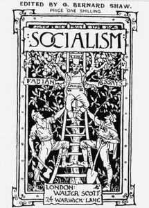 Omslag till Fabian Society-tidningen "Socialism", redigerad av G. B. Shaw. Allegorin representerar privilegiet överst på skalan som symboliserar kapital och övervakar arbetare med två vapen. Gravyr. av Unknown artist