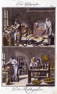 Hantverk: kopparsmältare och dinandier i sina verkstäder. I ”” Heltäckande beskrivning av konsthantverk och verkstäder för unga”” av Johan Peter Vire. Ed. Nürnberg, Weigel och Schneider av Unknown artist