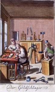 Hantverk: guldtrummisen i sin verkstad. I "" Omfattande beskrivning av konsthantverk och workshops för ungdomar"" av Johan Peter Vue. Ed. Nürnberg, Weigel och Schneider av Unknown artist