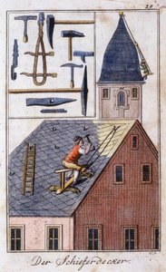 Hantverk: takläggaren och dess arbetsredskap. I "" Omfattande beskrivning av konsthantverk och workshops för ungdomar"" av Johan Peter Vue. Ed. Nürnberg, Weigel och Schneider av Unknown artist