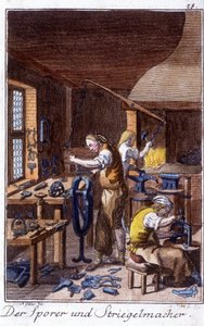 Hantverk: sporren, tillverkaren av krympborste i sin verkstad. I ”” Heltäckande beskrivning av konsthantverk och verkstäder för unga”” av Johan Peter Vire. Ed. Nürnberg, Weigel och Schneider av Unknown artist