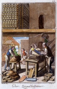 Hantverk: kakel- eller tegelmakaren i sin verkstad. I "" Omfattande beskrivning av konsthantverk och workshops för unga"" av Johan Peter Vue. Ed. Nürnberg, Weigel och Schneider av Unknown artist