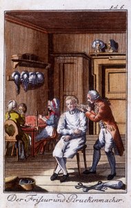 Hantverk: frisör och peruk i sin verkstad. I "" Omfattande beskrivning av konsthantverk och workshops för unga"" av Johan Peter Vue. Ed. Nürnberg, Weigel och Schneider av Unknown artist