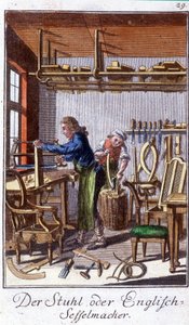 Hantverk: tillverkaren av stolar i sin verkstad. I "" Omfattande beskrivning av konsthantverk och workshops för unga"" av Johan Peter Vue. Ed. Nürnberg, Weigel och Schneider av Unknown artist