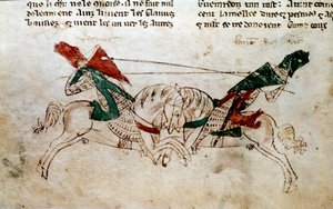 Cykel av kung Arthur: "" Slaget om Lancelot och Tristan"" Miniatyr hämtad från "" Romanen av Meliadus de Leonnoys: tillsammans flera andra ädla riddarbragder av kung Arthur, Palamedes och Galliot de Pre"" av Rustichello (Rustiker, Rusticiano) o av Unknown artist