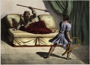 David spelade citar inför kung Saul för att blidka honom. Anonym gravyr från mitten av 1800-talet. av Unknown artist