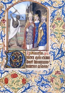 Döden med sitt spjut pekar mot tre figurer, en påve, en kung, en kung och en drottning, stående framför en gotisk kyrka, ca 1470 av Unknown artist