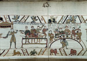 Debarques i England, Vilhelm Erövrarens (1027-1087) vapen gör en fest i väntan på att bekämpa Harold II:s saxiska vapen. Guillaume är omgiven av baroner och Eveque Odon Detail of the Bayeux Tapestry or Brodery of Queen Mathilde av Unknown artist