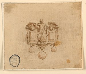 Design för brosch med kvinna i trasig pedimet av Unknown artist