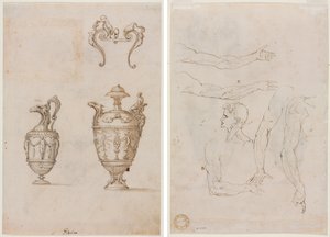 Design för två vaser och en prydnad (recto); Skisser av fem armar och ett huvud (verso) av Unknown artist