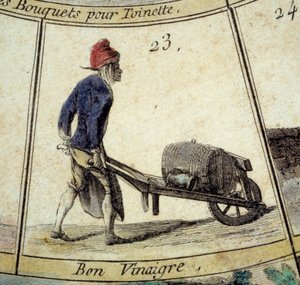 Detalj av spelet med Cree of Paris-gåsen: vinägerhandlare. Gravyr av 1700-talet. Coll. Lämnar. av Unknown artist
