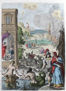 Olika metamorfoser, i förgrunden Scylla och havsguden Glaucos förälskad i henne, i bakgrunden avvisar den hängda Iphis av Anaxarete. Illustration hämtad från bok XIV av "" Metamorphoses"" (Metamorfosi) av Ovide (43 f.Kr.-17 e.Kr.). Gravyr 1 av Unknown artist