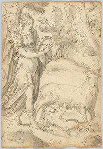 Ritning: A) Rhea och spädbarnet Jupiter. B) St Francis av Assisi av Unknown artist