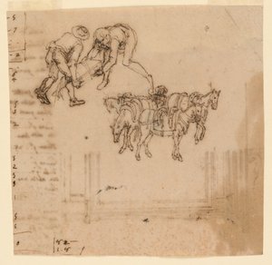 Ritning: A) Två män som bär en koffert; fyra mulor med en driver. B) Projekt för en ram av Unknown artist