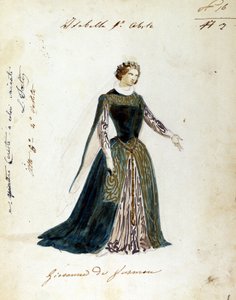 Teckning av kostymen för karaktären Isabella i operan "" I vespri siciliani"" (De sicilianska vesperna) komponerad av Giuseppe Verdi. Operatiteln för den första föreställningen var "" Giovanna da Guzman "". Anonym kostym gjord för Scalateatern av Unknown artist