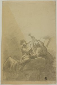 Döende man deltog av två figurer som håller ljus, bok och kors av Unknown artist