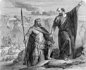 Elia varnade Ahab att regnet är nära förestående. I bakgrunden ser vi dyrkan av Baal (Ba