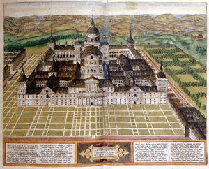 Gravyr som representerar Escorials eller Escorials palats i Spanien. sd. 1600-talet. av Unknown artist