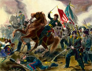 Avsnitt av Secessionskriget (1862-1865) eller inbördeskriget i USA: American General of Union Forces Ulysses Simpson Grant (1822-1885) under en strid mot trupperna i förbundsstaterna. Gravyr av 1800-talets Private Collecti av Unknown artist
