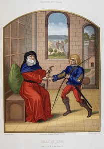 Esau med sina jaktvapen och sin far Isak. 1800-talets kromolitografi. av Unknown artist