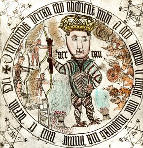 Esoterism: en kronväsen vid demonens fötter. Scener av slagsmål mellan män och monstruösa varelser. Scenen är omgiven av kabaltiska tecken (eller kabbala) (?). Gravyr från 1600-talet. Privat samling. av Unknown artist