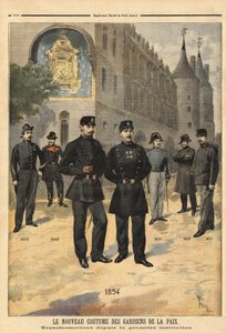 Utveckling av uniformer för fredsbevarare (eller stadssergeanter) från 1860 till 1894, framför klocktornet på Conciergen, Paris. Gravyr i ”” Le petit journal”” 09/1894. Selvas samling. av Unknown artist