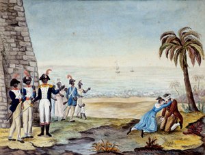 Avrättning av en nybyggare: Avrättning av en nybyggare under revolten i Santo Domingo (Centralamerika, Antillerna) 1791. Gravyr från 1700-talet. Chartres, Museum of Fine Arts av Unknown artist